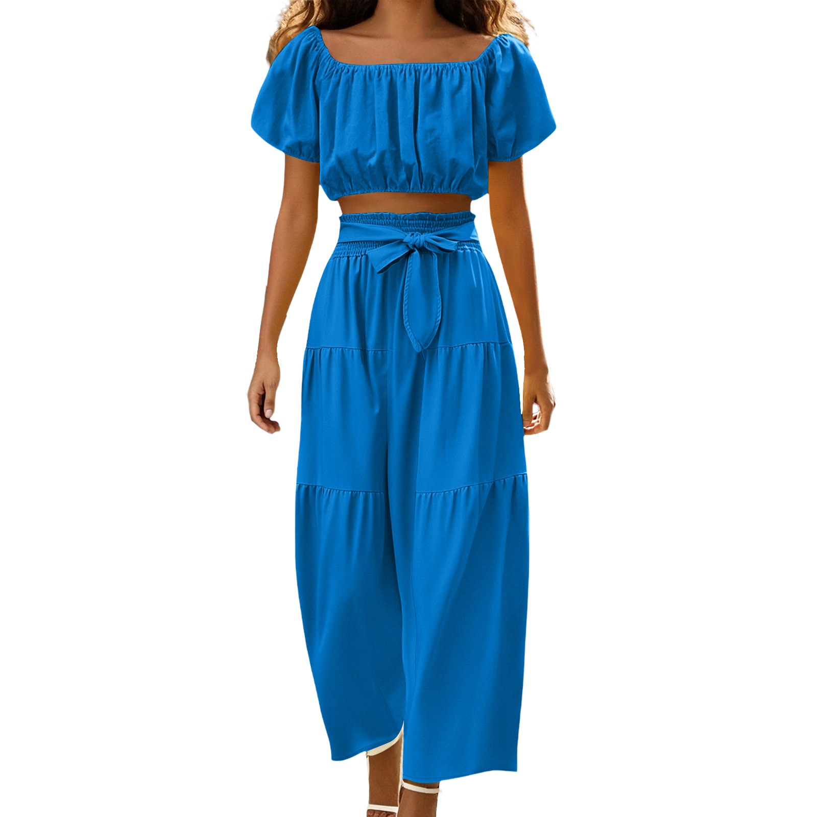 thumbnail image 1 of Conjunto moderno para el día: top con cuello cuadrado y mangas abullonadas y pantalones de pierna ancha - Poliéster - Ropa informal/de vacaciones, 1 of 8